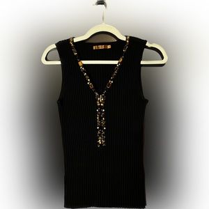 🌟HP Belldini Rib Knit Amber Topaz Jewel Gold Zipper Tank | Black | Size PXL